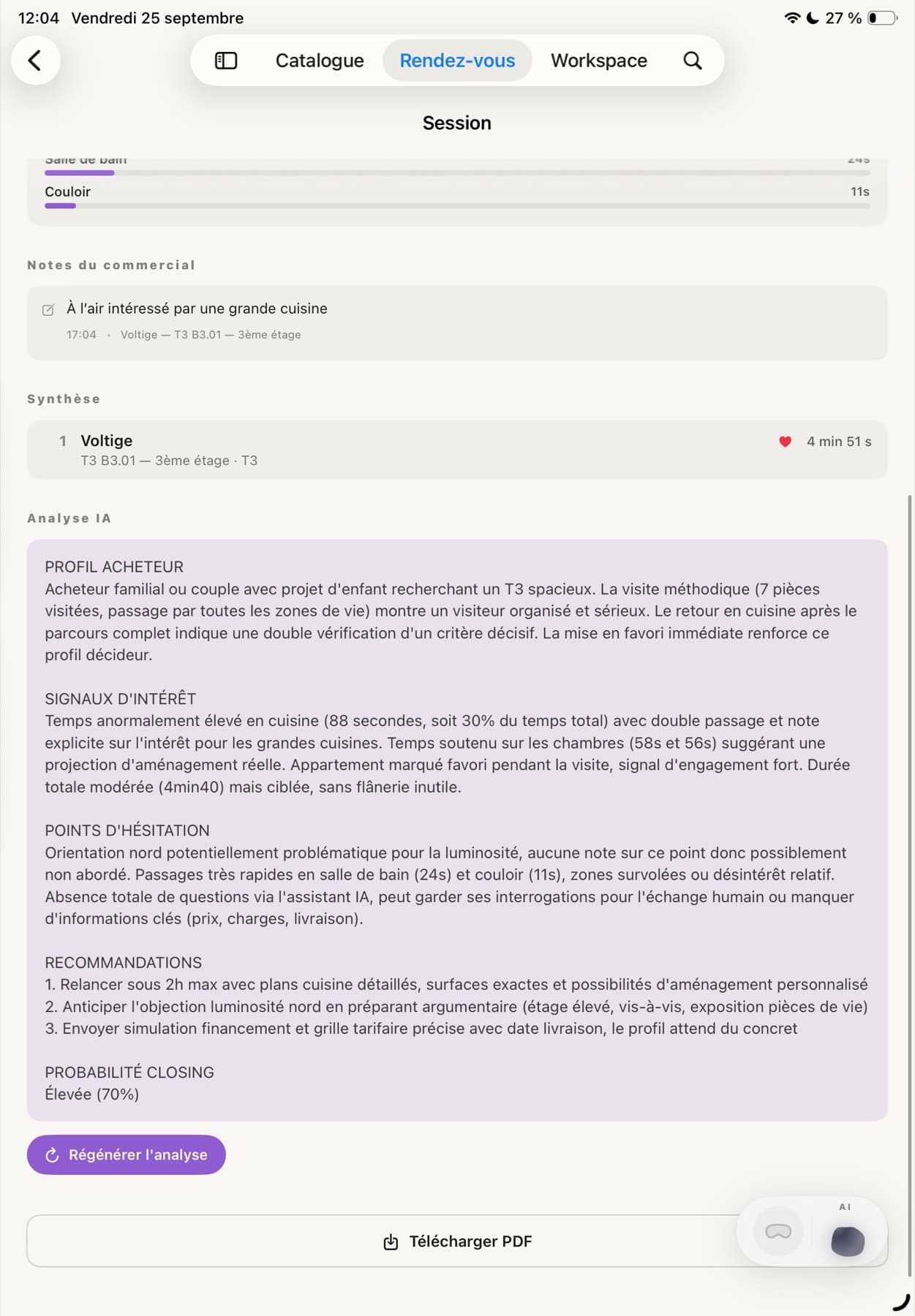 Analyse IA d’une session de visite : profil, signaux d’intérêt, points d’hésitation et recommandations.