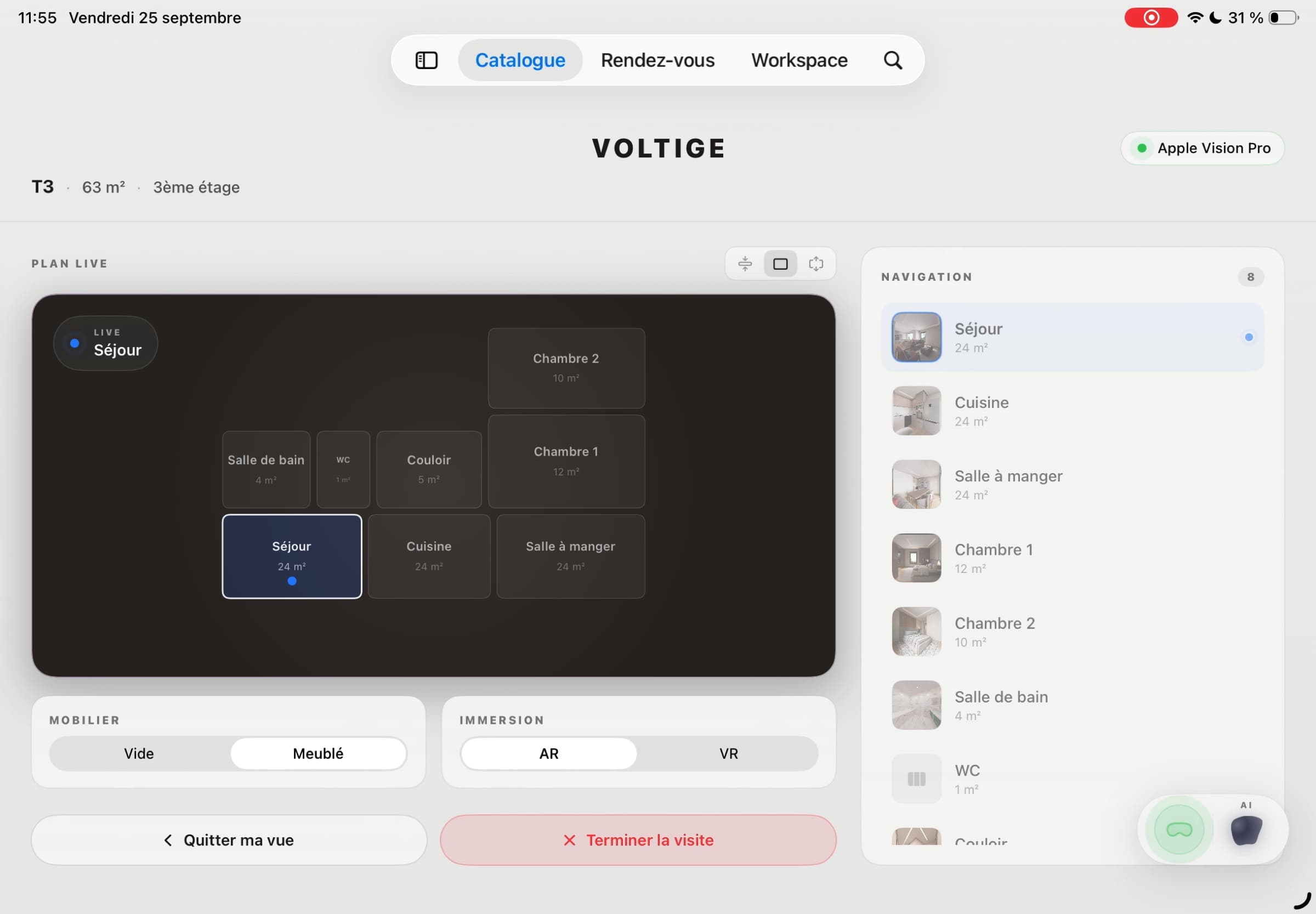 Écran de visite de Veya Companion sur iPad : plan de l’appartement, pièce active et commandes de la visite.
