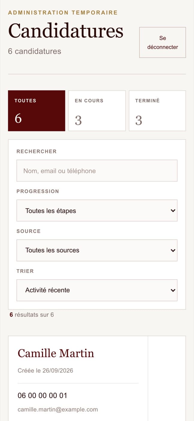 L’administration sur téléphone. Candidats fictifs.